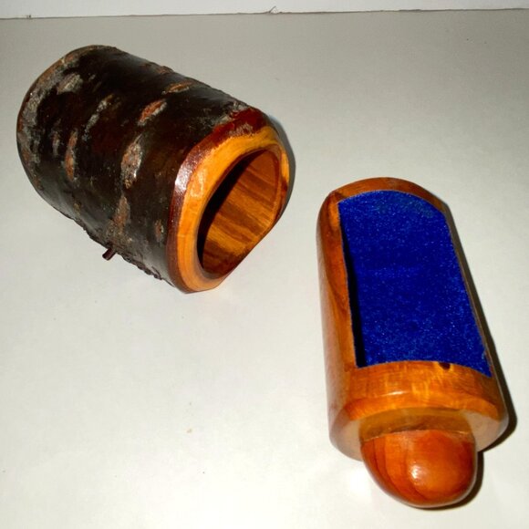 Small Wooden Log Trinket Box Treasure Secret Drawer Blue Velvet Vintage Signed - Picture 4 of 6